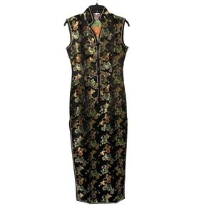 Elegant Small Traditional Chinese Maxi Dress Side Slits Floral Mandarin Collar